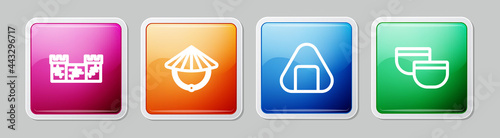 Set line Great wall of China, Chinese conical straw hat, Sushi and tea ceremony. Colorful square button. Vector