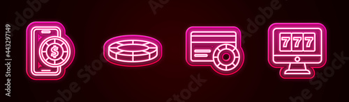 Set line Online poker table game, Casino chips, Credit card and slot machine with jackpot. Glowing neon icon. Vector