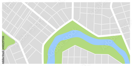 City map. Town streets with green line park and river. Downtown gps navigation plan, abstract transportation urban in vector. Drawing town small road map. Urban pattern texture