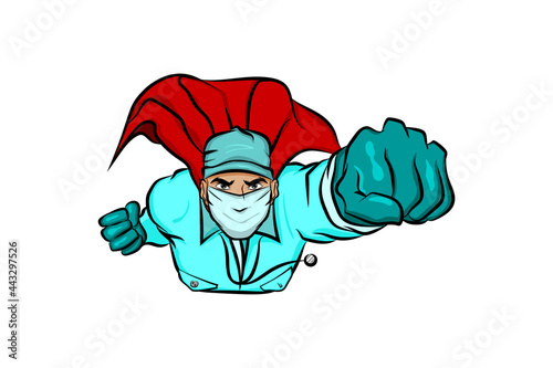 Super hero doctor man in cartoon comics book style flying red cloak. Pop art flying superhero medcine doctor vector illustration. Comics hero costume character in action pose.