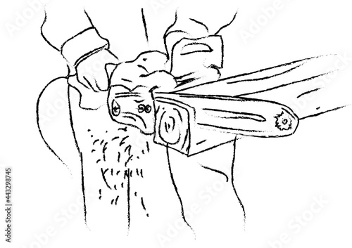 a worker cuts a wooden beam