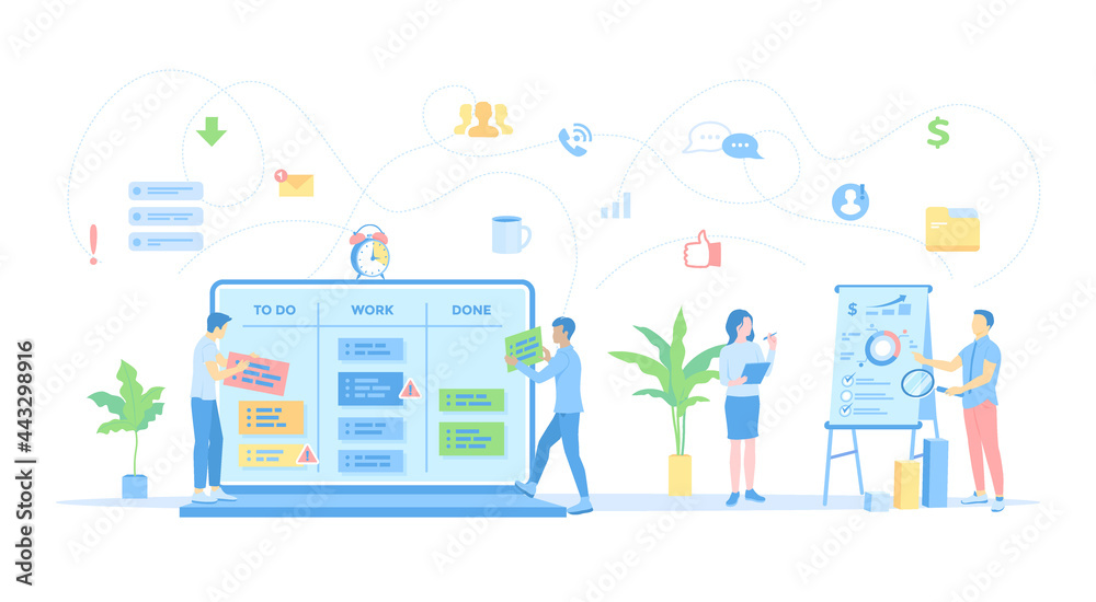 Project Management, Application Service for corporate managing, Team control, Manager work. Business team working on projects. Vector illustration flat style.