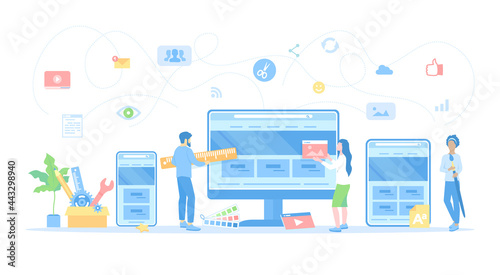 Web Design. Website template for monitor, laptop, tablet, phone. A team of web designers are working together to develop a website design. Vector illustration flat style.