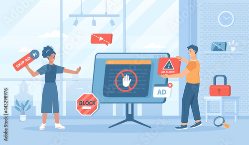Ad Blocking. No advertising, anti spam protection, without ads concept. Website Adblock software, skip button. Flat cartoon vector illustration with people characters for banner, website design 