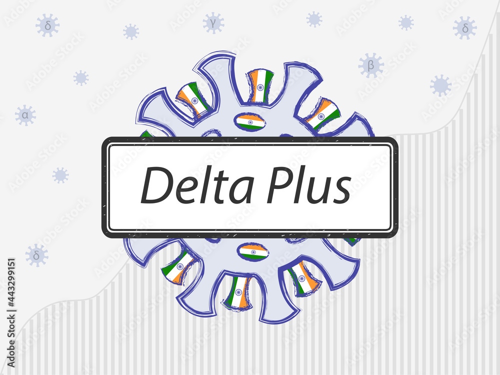 Coronavirus with Indian flag in spikes. Delta Plus is written on the sign. Against the background of Covid-19 statistics. Small viruses with the Greek letters alpha, beta, gamma and delta.