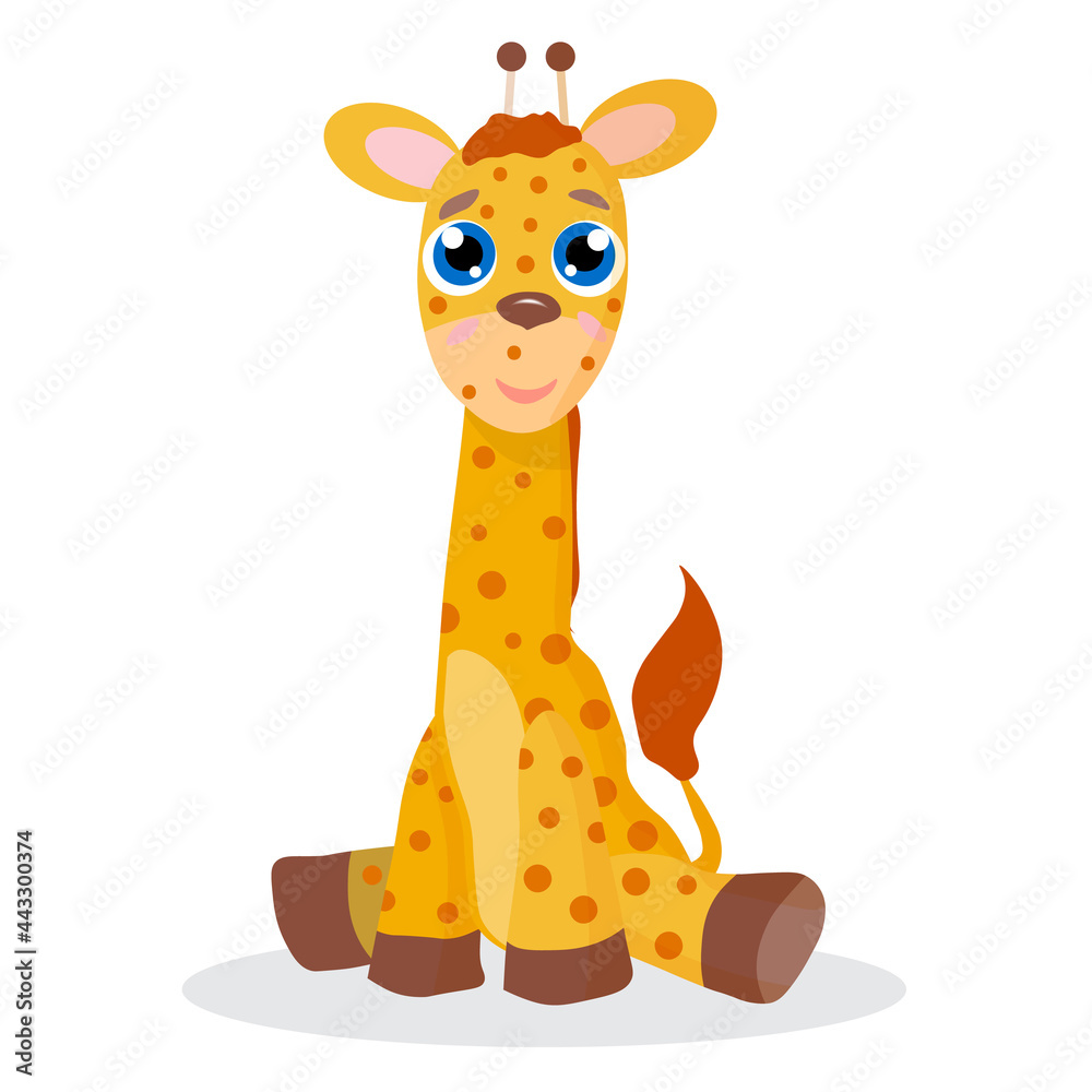 Fototapeta premium Cute giraffe sitting, vector illustration for children's design, postcards, posters, T-shirts and other children's clothing