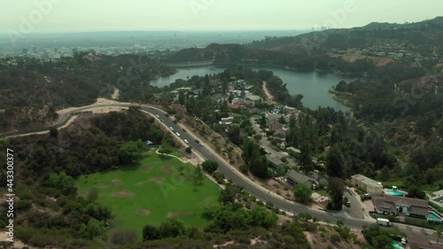 Aerial: Hollywood Reservoir, Los Angeles, California, USA