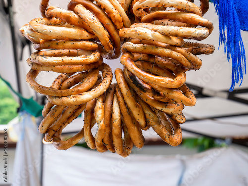 Fresh baked pretzels or bagels with salt on display