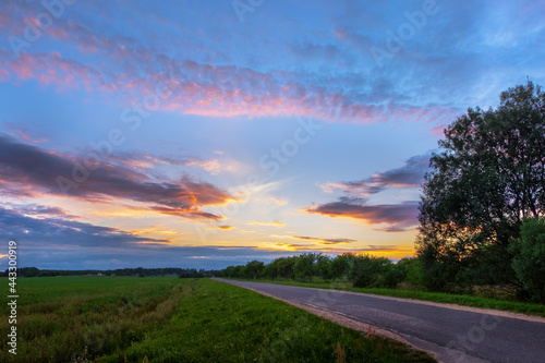 Asphalt road panorama in countryside in sunset on summer. Road in beautiful nature landscape.