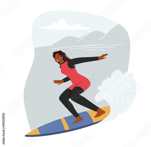 Photography Young Surf Girl Character Riding Ocean Wave on Board, Summer Surfing Activity, S