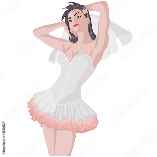 Beautiful bride in short wedding dress. Vector art