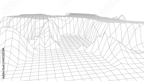 Wireframe landscape background. Digital landscape for presentations. Cyberspace grid. Vector illustration.