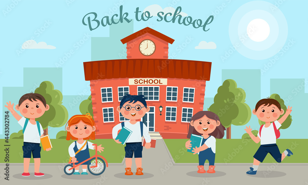 Children walking to school, cute colorful characters. Back to school concept. Vector illustration in cartoon style.