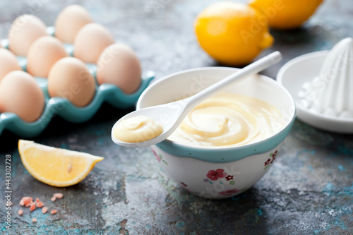 Homemade lemon and white chocolate custard cream pudding or curd in a bowl, selective focus