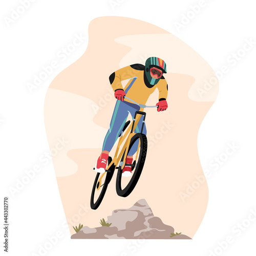Cyclist Sportsman Character in Sports Wear and Helmet Riding Mountain Bike, Outdoor Summer Extreme. Bicycle Active Sport