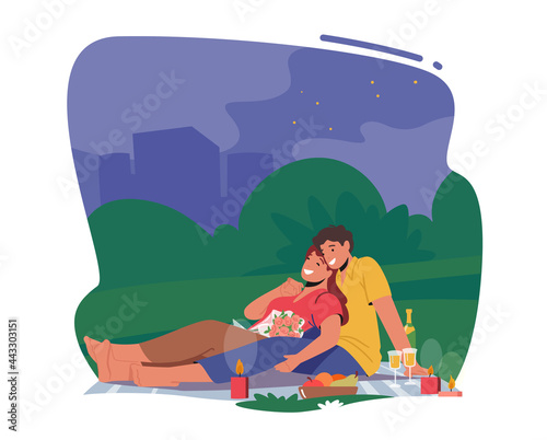 Romance Date. Happy Couple Male and Female Characters Dating Outdoors on Night Picnic, Drinking Champagne