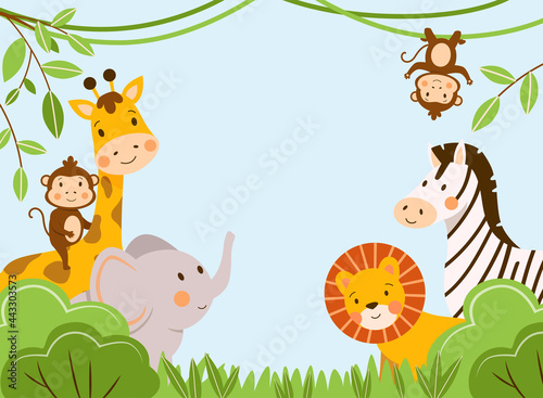 Group of African kids animals in the rainforest. Vector hand-drawn illustration in cartoon style. Funny cute elephant, lion, giraffe, zebra and monkey on the background of the park with trees