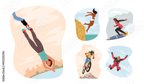 Set Extreme Sport and Recreation. Male and female Characters Bungee and Cliff Jump, Parachuting Base Jumping, Surfing