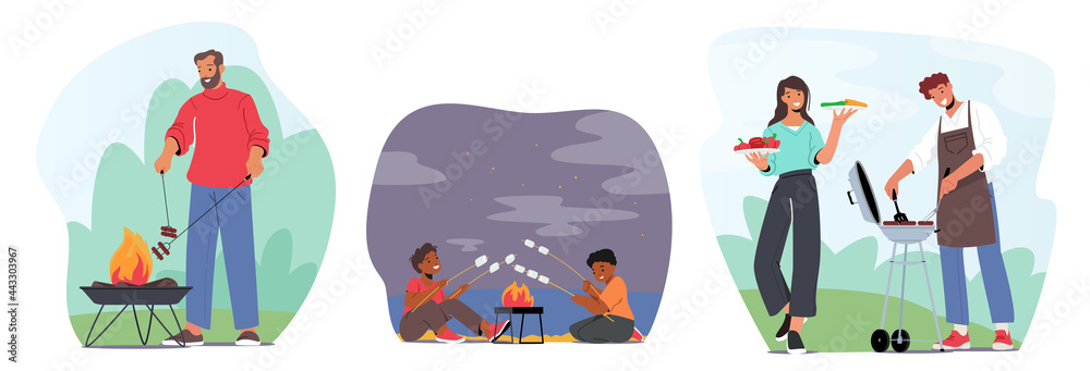 Fototapeta premium Characters Summertime Fun. Man in Chief Apron Frying Meat on Barbecue, Kids Roast Marshmallow Outdoor in Summer Camp