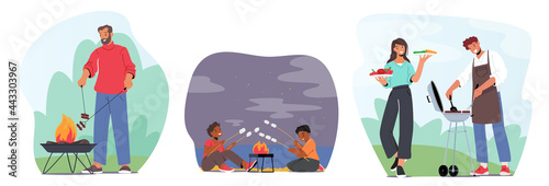 Characters Summertime Fun. Man in Chief Apron Frying Meat on Barbecue, Kids Roast Marshmallow Outdoor in Summer Camp