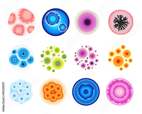 Mold in Lab Isolated Set. Colorful Bacteria, Fungi, Cells or Penicillin Microscope View in Laboratory. Different Germs