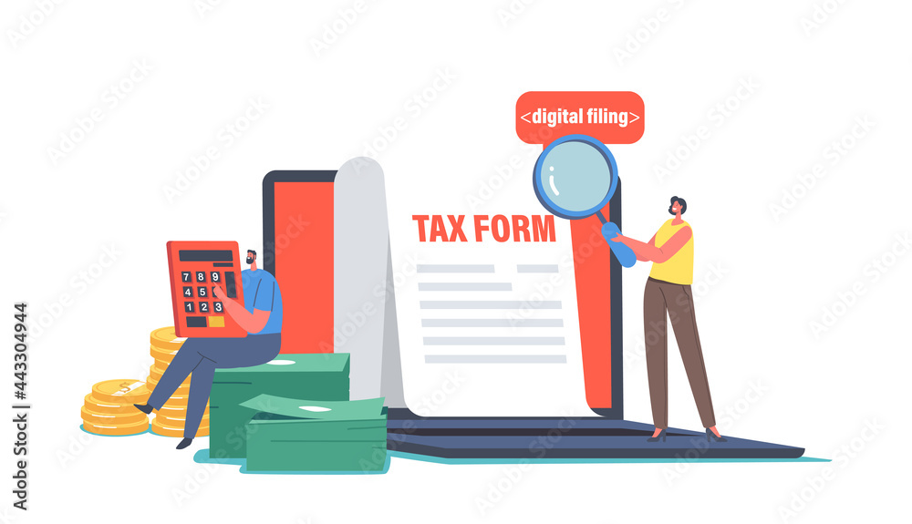 Female Character with Magnifier Look on Tax Form, Man Make Payment Calculation with Huge Calculator and Money Female Character with Magnifier Look on Tax Form, Man Make Payment Calculation with Huge Calculator and Money