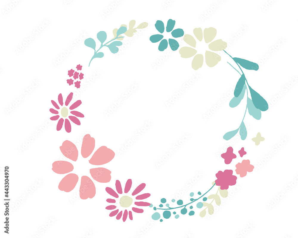 手書きの花と草木イラストリースフレーム　Handwritten flower and vegetation illustration heart-shaped wreath frame