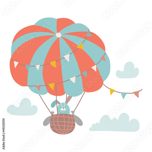 Fototapeta Naklejka Na Ścianę i Meble -  Cute bunny flying with air balloon in the cloudy sky. isolated vector flat illustration in hand drawn style.