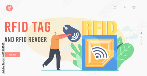 Rfid Tag and Reader Landing Page Template. Tiny Male Character Carry Huge Rfid Scanner, Radio Frequency Identification