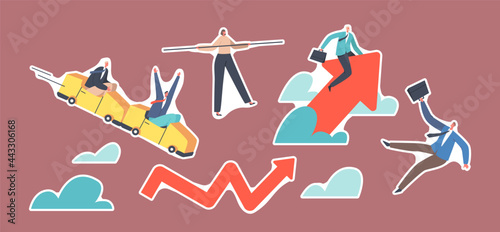 Set of Stickers Volatility, Crisis Stock Market, Business Invest Risk Concept. Businesspeople Riding Roller Coaster