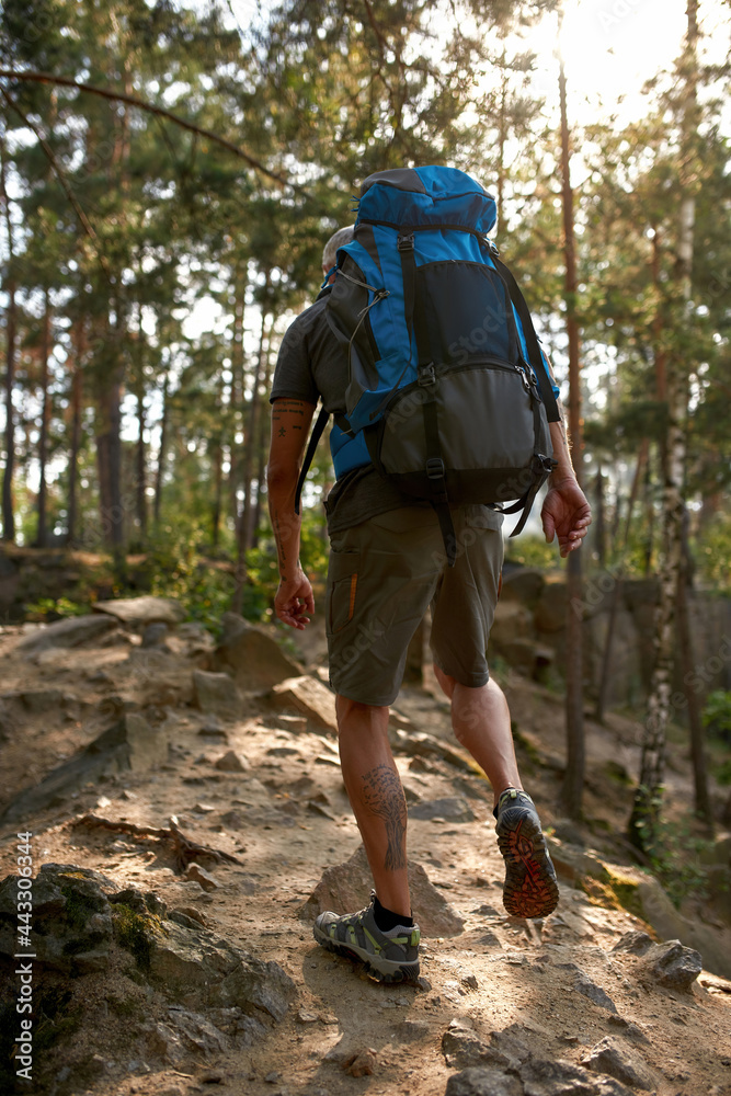 Rear view of caucasian man with tourist backpack trekking Rear view of caucasian man with tourist backpack trekking