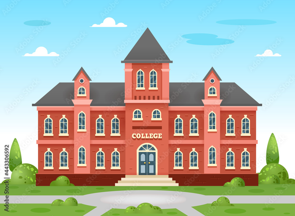 College building. Academic building, university in traditional English style with trees and a green lawn and playground. Vector illustration on white background. College building. Academic building, university in traditional English style with trees and a green lawn and playground. Vector illustration on white background.