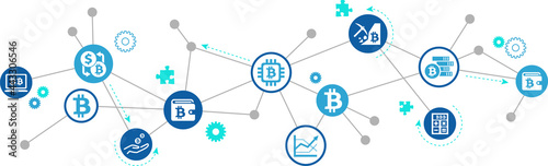 Bitcoin cryptocurrency vector illustration. Blue concept with icons related to bit coin mining, trading and bit-coin wallet, digital or virtual currency, investment, crypto exchange.