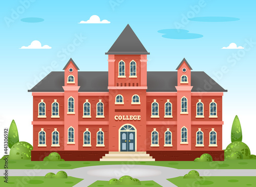 College building. Academic building, university in traditional English style with trees and a green lawn and playground. Vector illustration on white background.