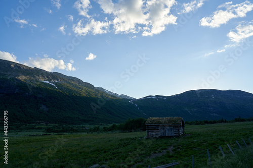 Wild mountains of Hemsedal. The nature is wild and the scenery is set. Golden hour light and dramatic sky. Country life here is not bad. 