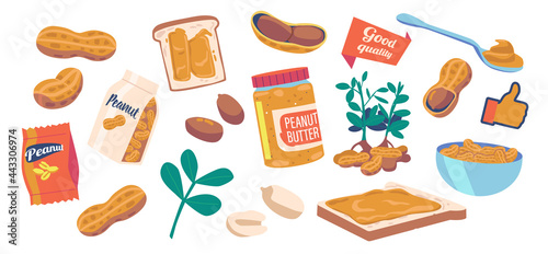 Peanut Butter in Jar, Snack in Package and Plant. Peeled and Unpeeled Nuts, Cereal Protein Breakfast, Healthy Seeds