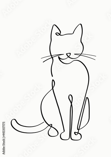 Cute Cat Continuous Line Drawing. Hand Drawn Simple Vector Illustration. Isolated on Off-White Background. Design Element Perfect for Poster, Card, Invitation, T-shirt Print, Wall Decoration.