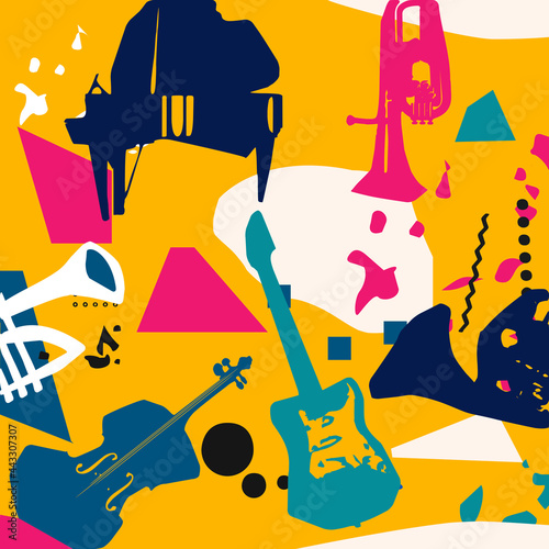 Music promotional poster with musical instruments colorful vector illustration. Piano, cello, trumpet, guitar, French horn, euphonium for live concert events, music festivals and shows, party flyer