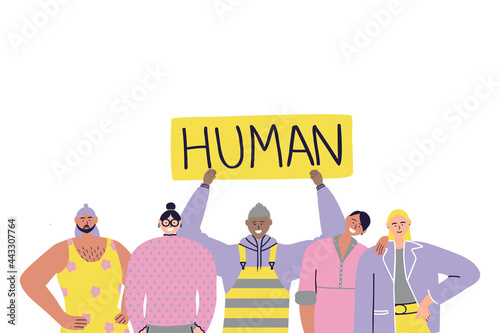 Group of happy androgynous transgender people. Gender neutrality concept, genderqueer. LGBTQ+ friendly society. Pride and freedom concept. Vector hand drawn flat illustration.