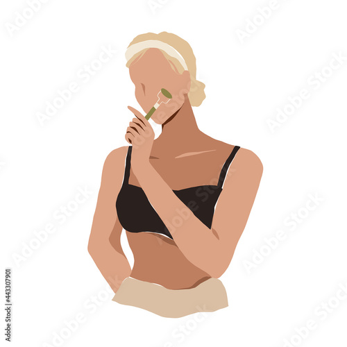 Young woman using jade face roller, massaging her face with gua sha quartz stone, holding roller massager, face lifting and anti swelling skincare ritual, flat cartoon vector illustration isolated on