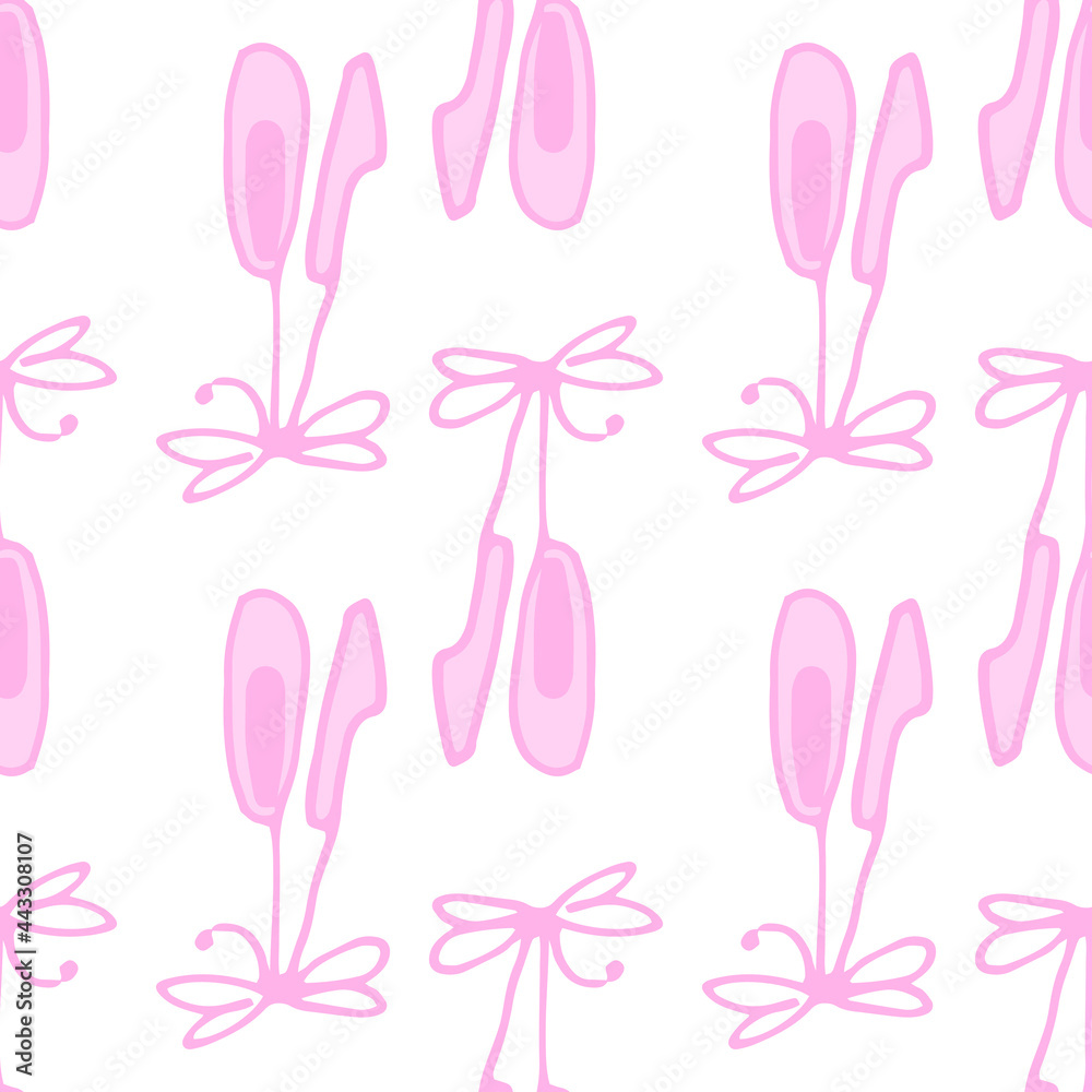 a pattern of a pair of ballet flats tied on a ribbon with a pink bow on a white background. Seamless pattern of children's pointe shoes, tied with a bow, hand-drawn in the style of doodles in pink col