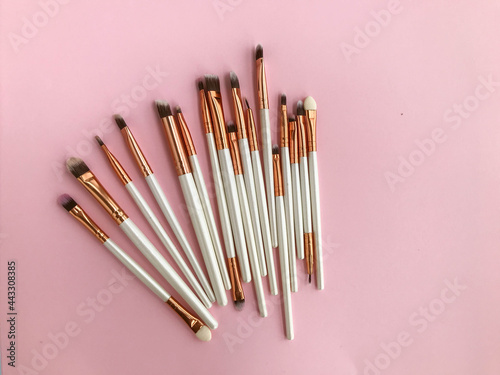 makeup brushes on a bright background. Makeup artist's tool for creating a cute summer look. skin texture, party makeup