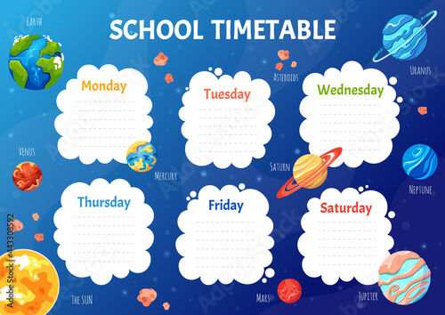 School timetable for students or pupils with solar system planets. Schedule template on a blue background  with space for subjects with stars. Cartoon vector illustration for kids