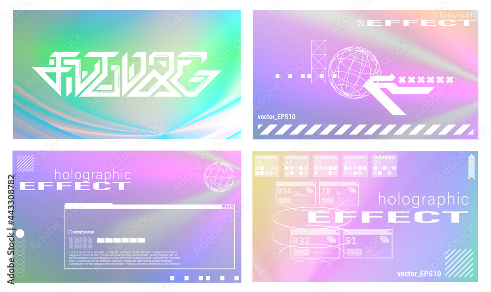 Holographic gradient texture set with trendy and elements. Neon background in psychedelic style. Abstract colorful texture with spectral stains. Holographic backgrounds. Vector polarization effect Holographic gradient texture set with trendy and elements. Neon background in psychedelic style. Abstract colorful texture with spectral stains. Holographic backgrounds. Vector polarization effect