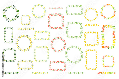 Set of isolated decorative vector frames and borders. Avocado pear apple banana citrus fruits. Endless brush, floral seamless border. Line pattern, edge decor. Positive fruit summer ornament