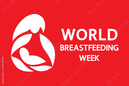 World Breastfeeding Week banner. White image of a nursing mother with a baby and text on a red background.