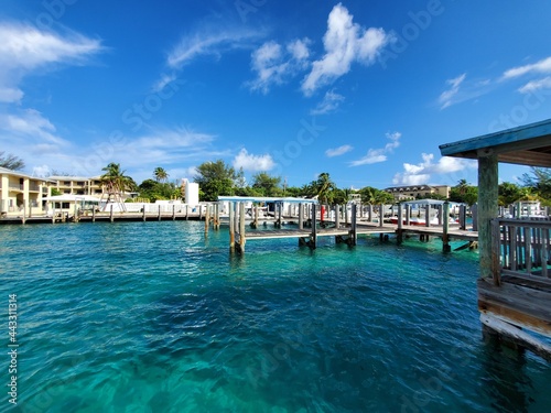 Bimini Blue Water Marina on North Bimini, Bahamas on sunny summer morning.