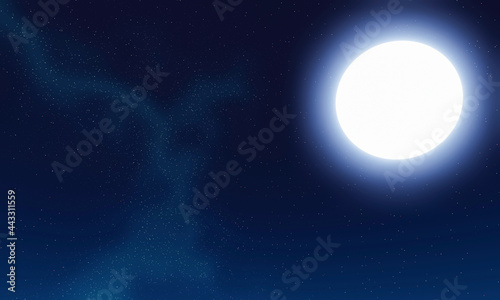 full moon shining halo And small stars fill the sky, night sky view Clear skies.3D rendering