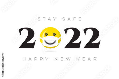 2022 Numerals Logo with Halftone Style Smiling Face Protected with Mask and Stay Safe Lettering Happy New Year Greeting Concept - Yellow on Black and White Background - Mixed Graphic Design