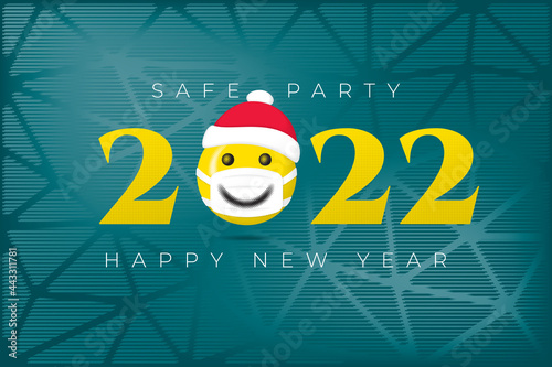  2022 Logo with Halftone Style Smiling Face Wearing Santa Hat Protected with Mask and Safe Party Lettering Happy New Year Greeting Concept - Yellow on Blue Background - Mixed Graphic Design